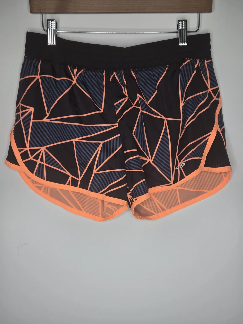 Champion Black Athletic Running Shorts with Neon Orange Geometric Print Size M